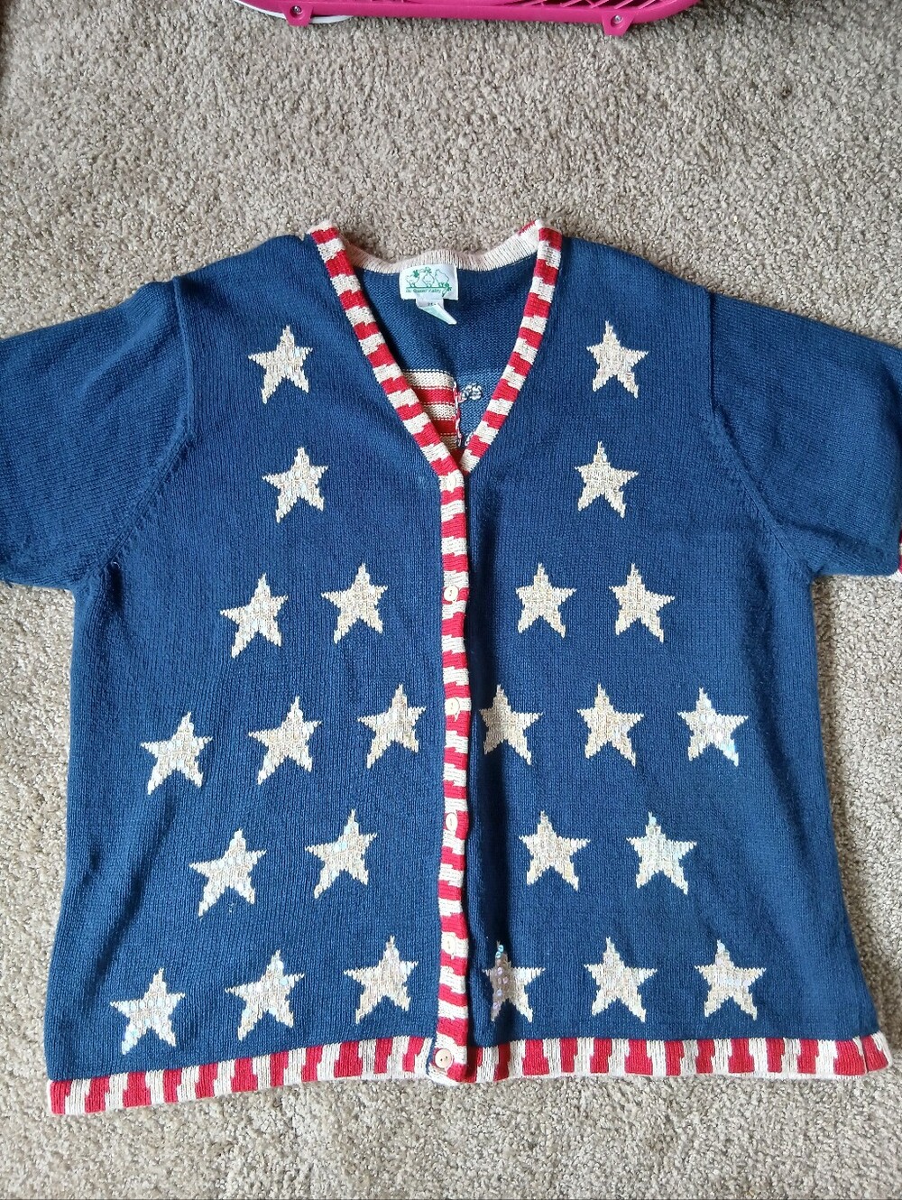 Vintage Oversized Grandma Red White And Blue Star Knit Cardigan Fourth of July